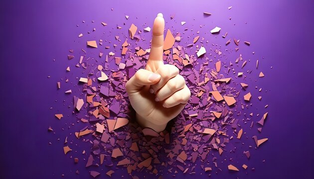Eine nach oben zeigende Hand bricht durch zerbrochene Fragmente auf einem lebendigen lila Hintergrund, symbolisiert Durchbruch und St&auml;rke.