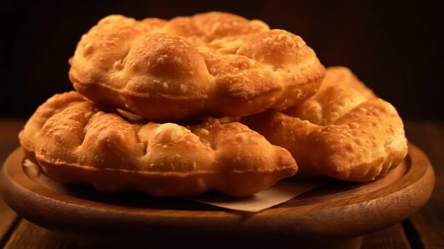 Golden fried baursak traditional Kazakh bread close-up slow motion turntable cinematic shot