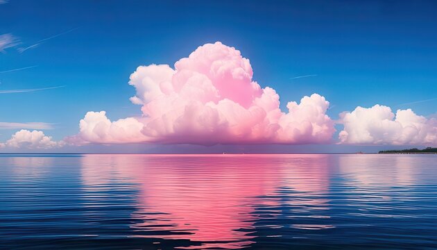 Majest&auml;tische rosa Wolke spiegelt sich in spiegelglattem, blauem Wasser wider, unter einem weiten, klaren Himmel, der Ruhe ausstrahlt.