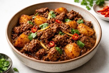 Fototapeta premium Asian style beef bhuna dry curry with potatoes served in a ceramic dish on a white copy space background