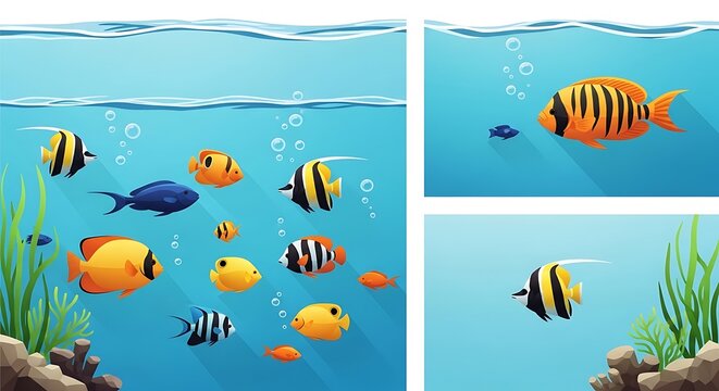 A vibrant school of tropical fish, including angelfish and tangs, glides through a bright blue coral reef. This three-panel vector illustration captures the beauty of an underwater ecosystem.