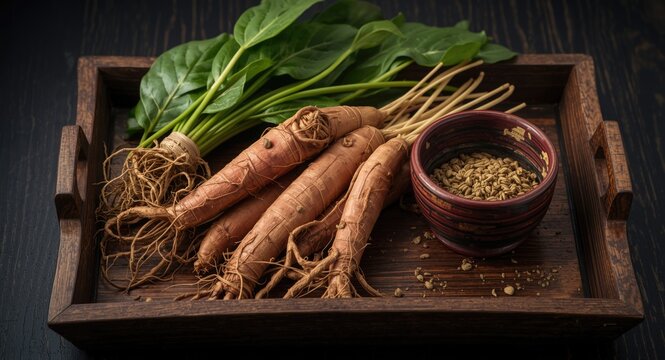 Wooden tray showcasing whole red ginseng roots and a classic medicinal bowl