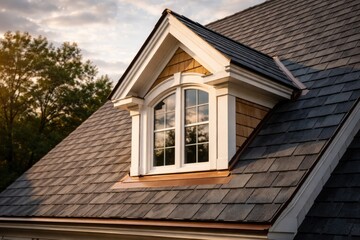 Fototapeta premium Detailed close up of a gabled dormer window on a steeply inclined roof of a new residential building