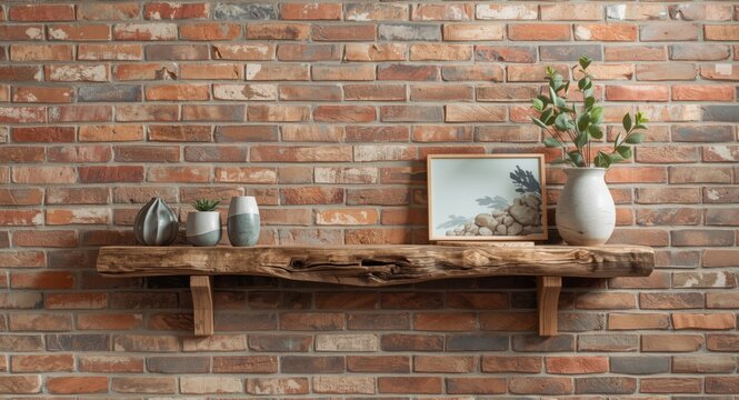 Wall with exposed bricks showcasing driftwood shelf design and framed decor