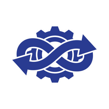 Continuous workflow icon featuring blue gear and infinity arrow symbol representing automation and eternal productivity.