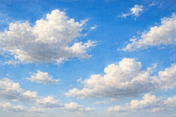 Obraz premium Oil painting of a vibrant blue sky with soft white clouds scattered across the canvas