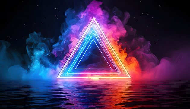 Leuchtende Neon-Dreiecke spiegeln sich in Wasser, umgeben von farbigem Rauch in einer dunklen, futuristischen Umgebung.
