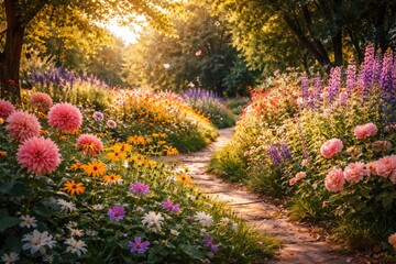Obraz premium Vibrant garden scene with blooming flowers and gentle breeze on a warm summer day