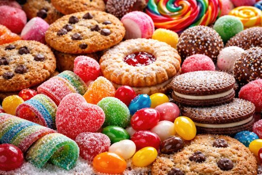 Detailed close-up of assorted candies and cookies showcasing high refined sugar content