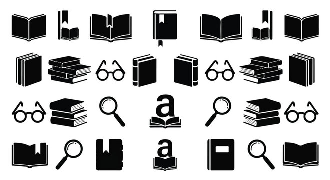 Collection of book and reading related icons in black and white.