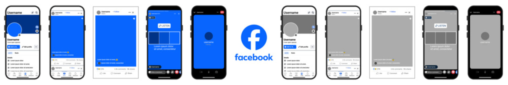 Facebook mobile app interface UI mockup set including profile page, feed post, reels player and video call screens.