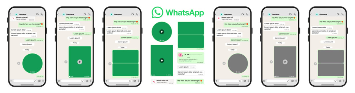 WhatsApp mobile chat interface UI mockup set with messaging conversation, voice message and media sharing screens.