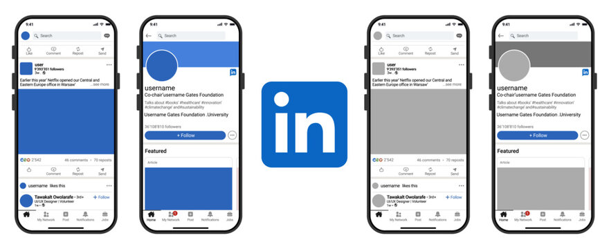 LinkedIn mobile app interface UI mockup set with feed post and professional profile screens.