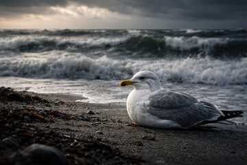 Fototapeta premium Solitary seagull resting near stormy ocean waters