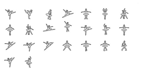 line icon collection of ballet dancers performing various artistic poses and movements including leaps, pirouettes, stretches, and graceful classical dance positions. © Raka Firdaus 