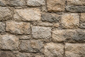 Fototapeta premium Detailed close-up of a rugged stone wall texture highlighting natural stone flaws in neutral hues