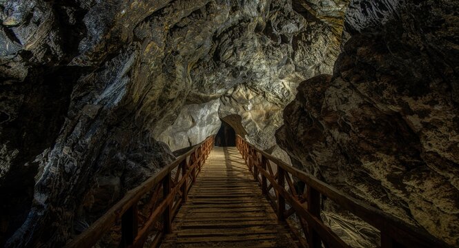 Large cavernous space with wooden bridge exit enhanced by pseudo HDR