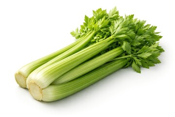Obraz premium Fresh celery sticks with vibrant green leaves on a clean white background