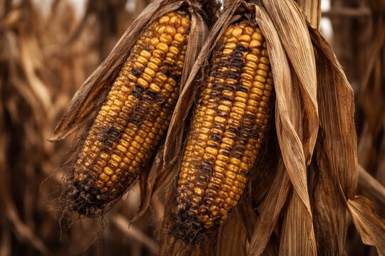 Close up of two yellow corn ears hanging from dry leaves showing natural decay on farm