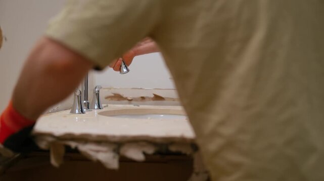 Construction worker removing an old bathroom sink during renovation. Demolition phase of interior remodeling, disconnecting plumbing and dismantling outdated fixtures.