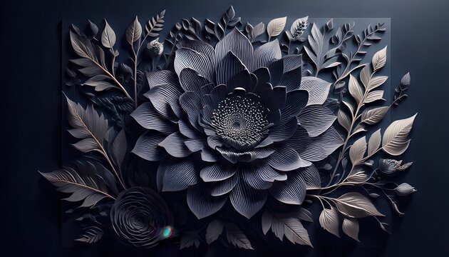 Elegantes, dunkles Blumenrelief mit detaillierten Bl&auml;ttern und einer gro&szlig;en Bl&uuml;te, die eine luxuri&ouml;se, abstrakte Textur auf schwarzem Hintergrund bildet.