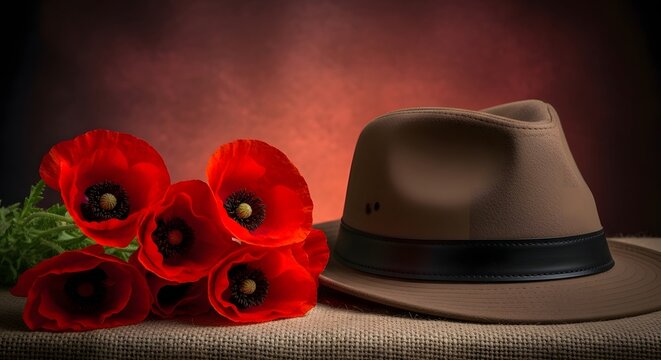 Bouquet of red poppy flowers with a brown khaki hat on a table with a textured surface
