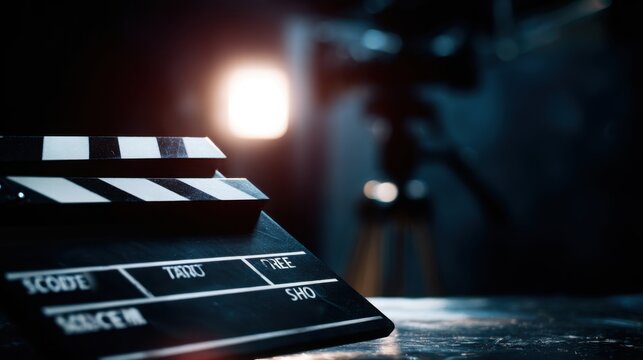 Close up of film clapperboard in foreground, blurred dark background with space, dramatic lighting, professional filmmaking concept
