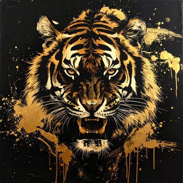 黒背景の金色猛虎 力強い咆哮の墨絵シルエット