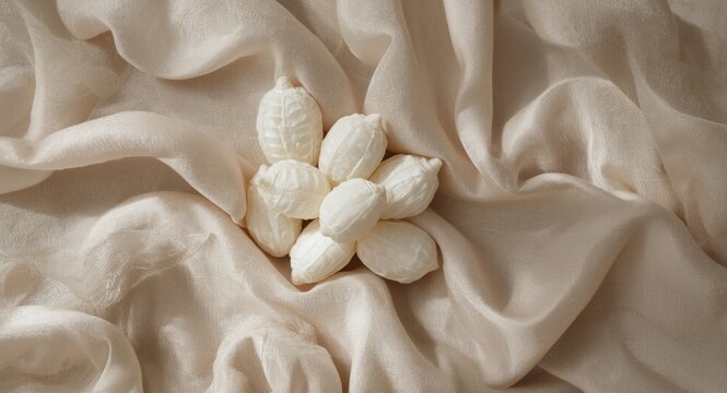 White silkworm cocoons displaying delicate texture and sheen on natural fabric surface