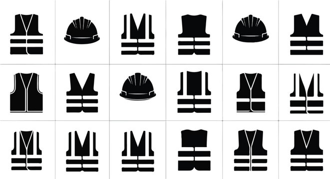 Collection of safety vests and hard hats for construction and industrial work.