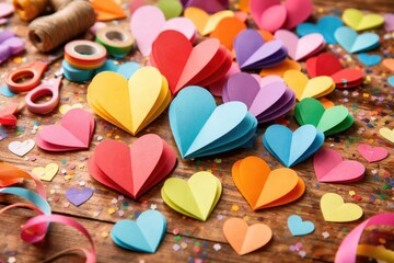 Fototapeta premium Creative display of colorful paper hearts ideal for festive decorations and craft projects