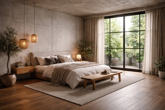 Cozy minimalist bedroom with modern loft design and wood flooring