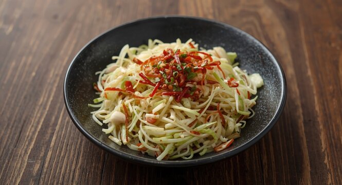 Traditional Thai cabbage salad tossed with chili and fish sauce served on wooden background