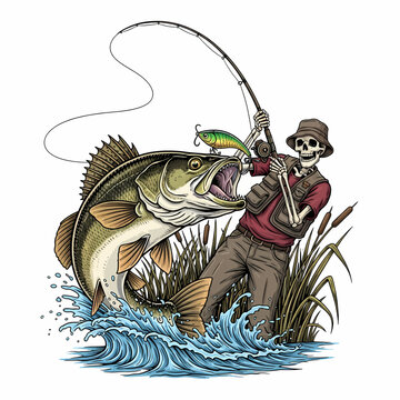 Skeleton fisherman catching big walleye fish in the river