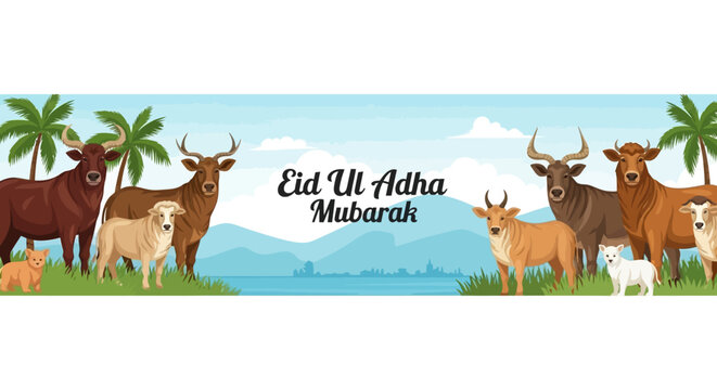 Vibrant Vector Illustration of Livestock Animals in a Serene Landscape for an Islamic Festive Celebration Banner