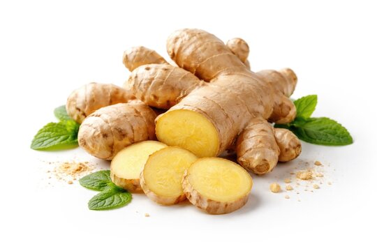 Fresh Ginger Root Sliced and Garnished with Mint Leaves on White Background