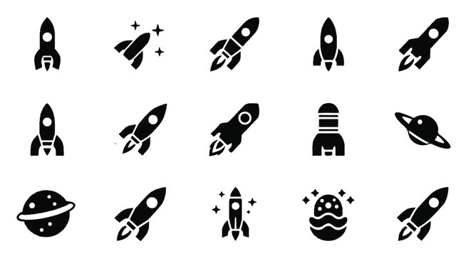 Collection of various rocket and space-themed icons in a sleek black silhouette design.