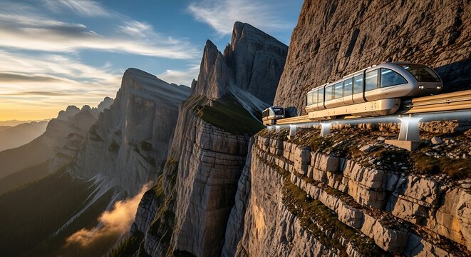 Futuristic Train Journey Through Majestic Mountain Landscape.