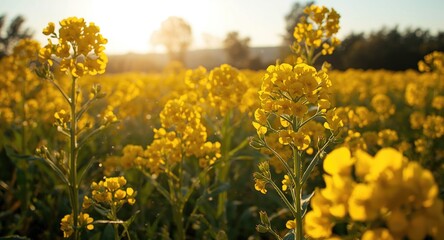 Fototapeta premium Sun soaked canola flowers showing full vibrant bloom