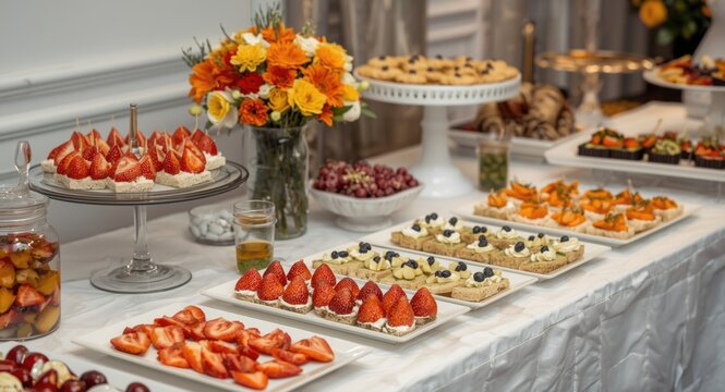 Stylish party buffet table loaded with fresh fruit sandwiches caviar snacks and copyspace for text