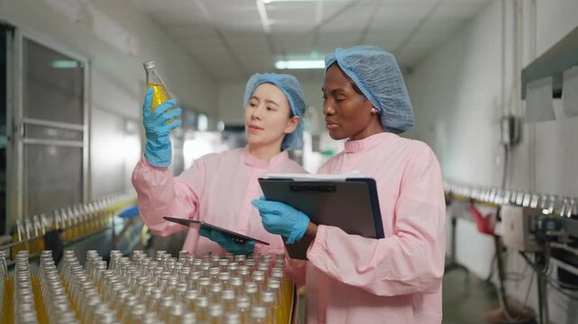 Quality Assurance Inspection: Two dedicated quality control specialists, working diligently in a modern factory setting, meticulously examine product samples.