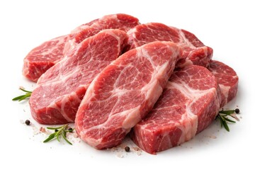 Fototapeta premium Boneless Pork Neck Slices on White Background with Herbs and Spices