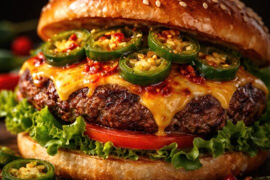 Close up image of a spicy cheeseburger topped with jalapenos and fresh lettuce