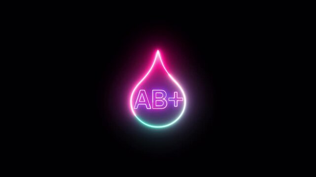 AB+ Positive Blood Type Neon Glow Drop on Black Background with Health Care
