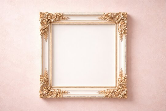 white square frame with intricate gold decorations on soft pink textured background