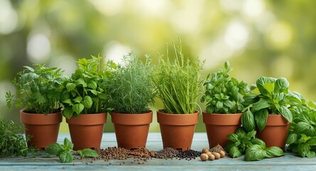 Fototapeta premium Herbs and spice plants in pots displayed on a gentle green blurred backdrop perfect for recipe designs