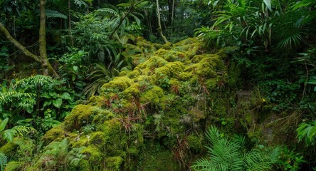 Fototapeta premium vibrant tropical greenery with moss dominated terrain