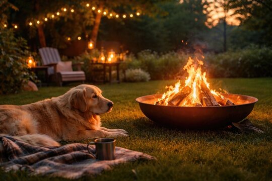 Relaxing summer evening with a pet enjoying a fire pit on lush green grass lawn