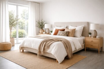 Fototapeta premium Bright bedroom interior with stylish bed and decorative pillows on a sleek gray floor