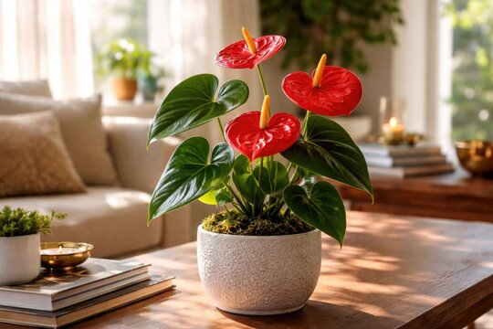 Indoor decoration showcasing a bright red Anthurium flower from the Araceae family